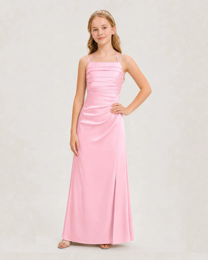 Dideyttawl Halter Neck Ruched Satin Junior Bridesmaid Dress
