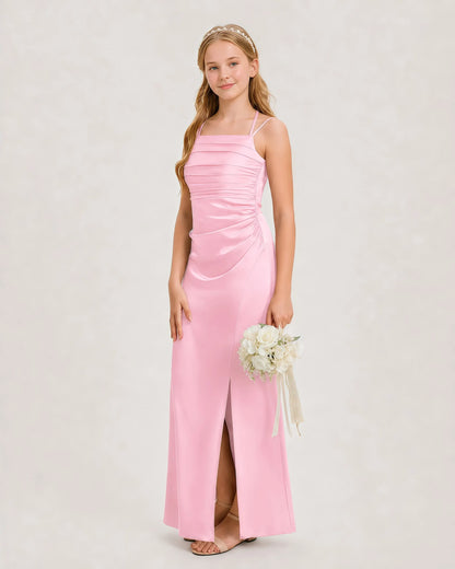 Dideyttawl Ruched Satin Halter Neck Junior Bridesmaid Dress with Side Slit