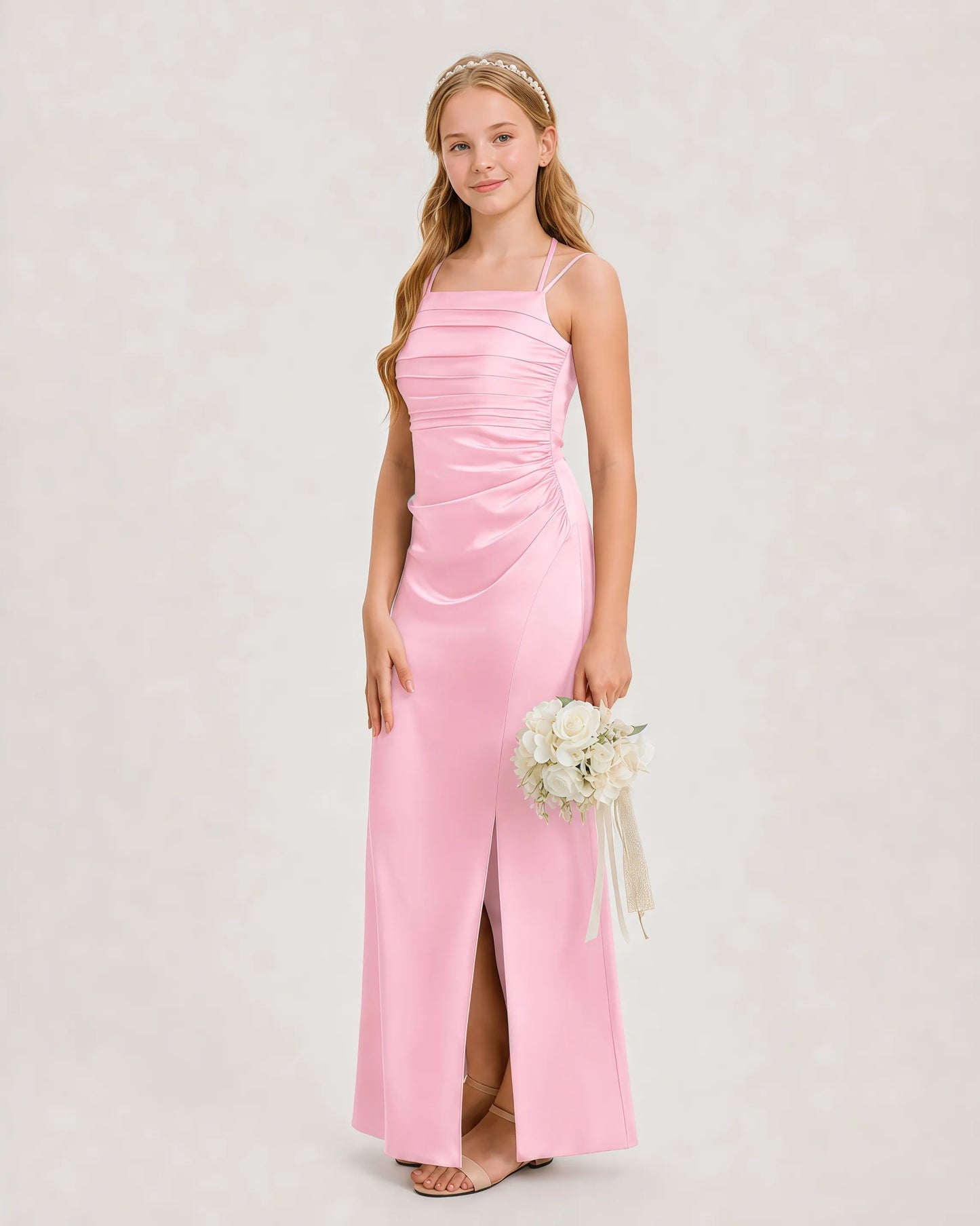 Dideyttawl Halter Neck Ruched Satin Junior Bridesmaid Dress