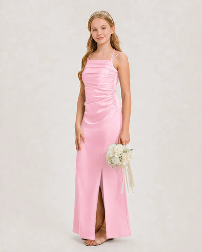 Dideyttawl Halter Neck Ruched Satin Junior Bridesmaid Dress
