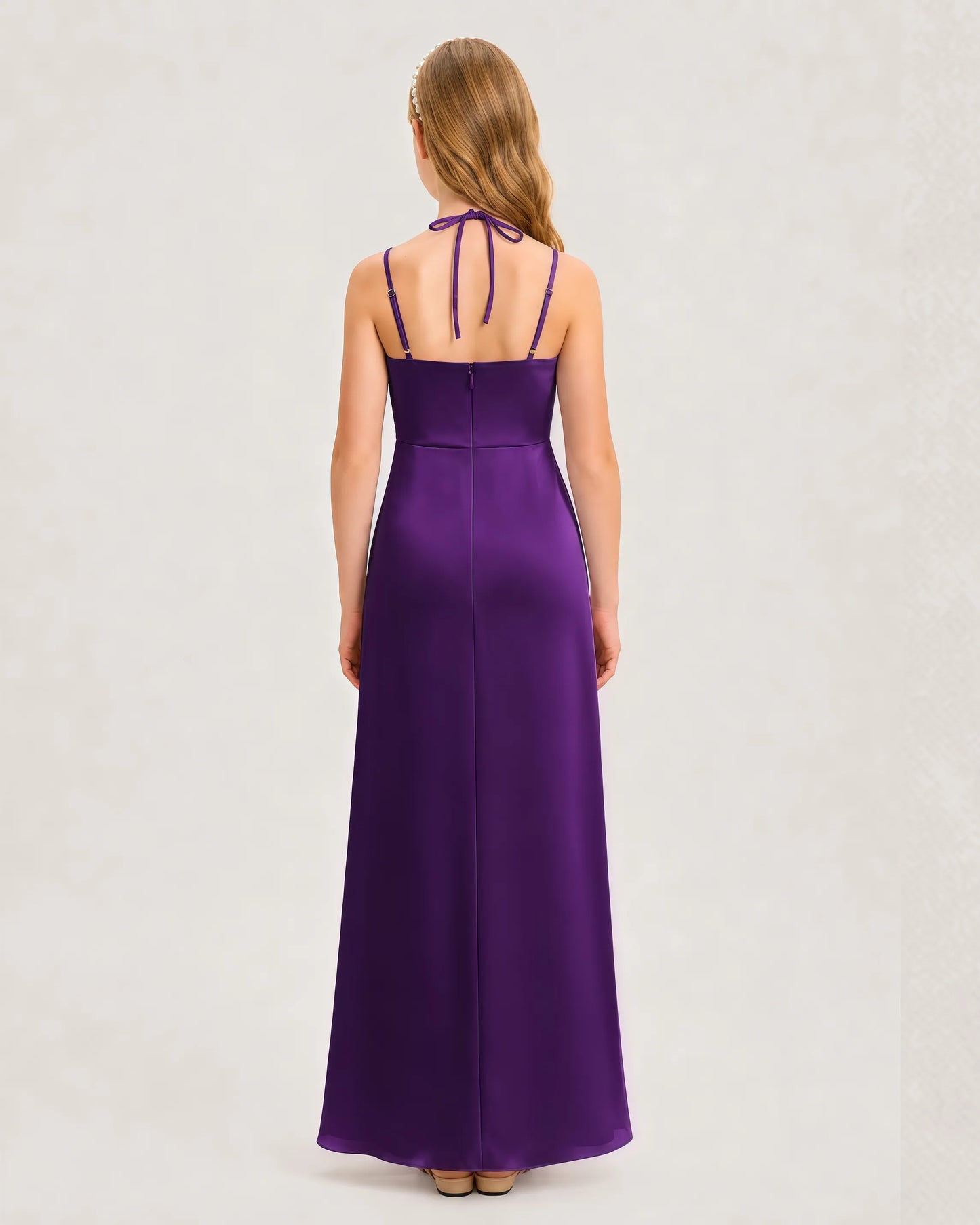 Dideyttawl Halter Neck Ruched Satin Junior Bridesmaid Dress