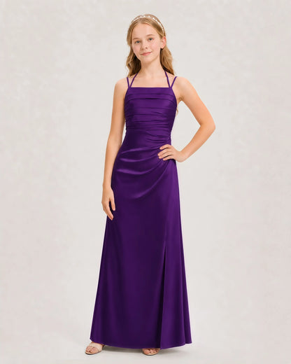 Dideyttawl Ruched Satin Halter Neck Junior Bridesmaid Dress with Side Slit
