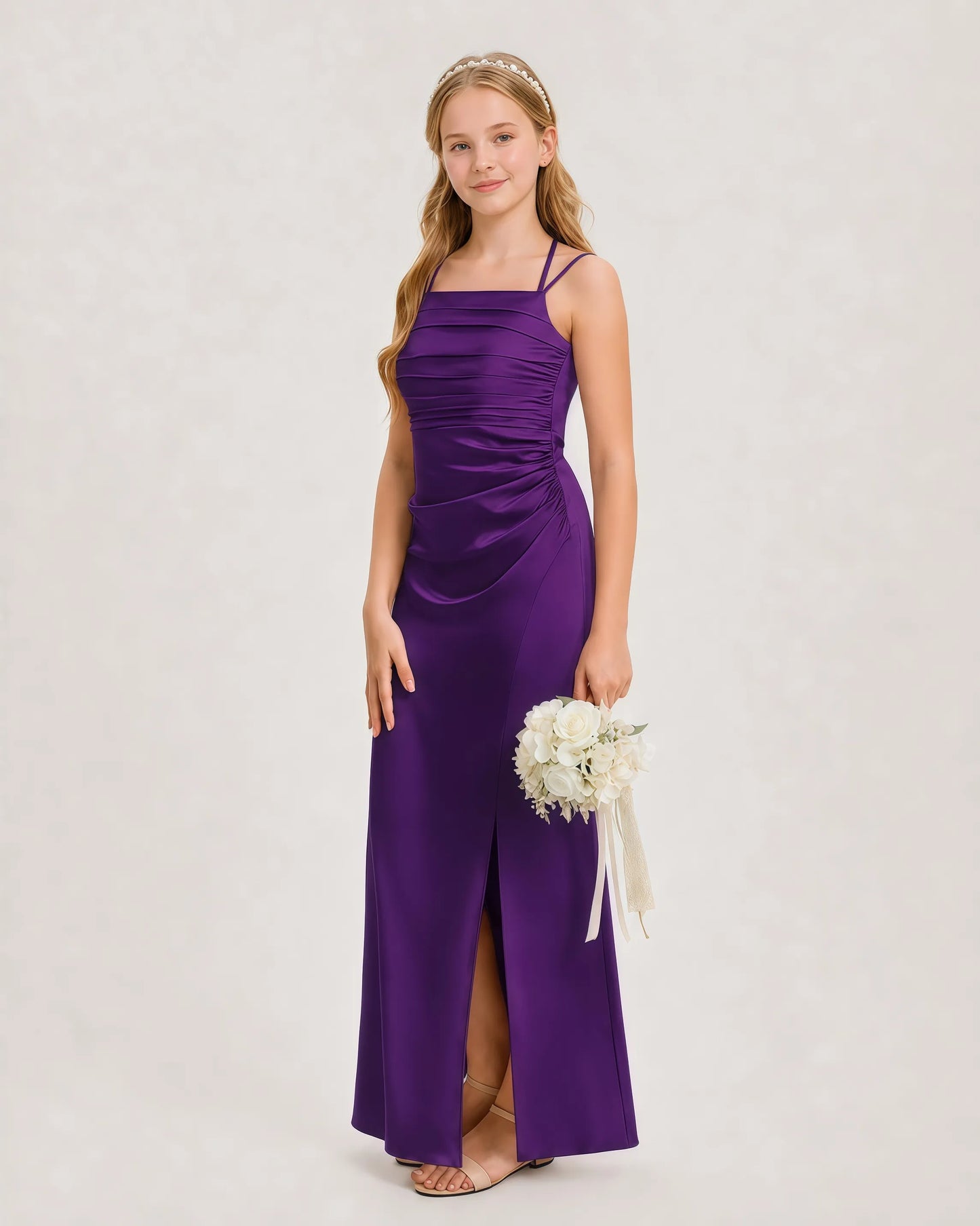 Dideyttawl Halter Neck Ruched Satin Junior Bridesmaid Dress
