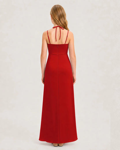 Dideyttawl Halter Neck Ruched Satin Junior Bridesmaid Dress
