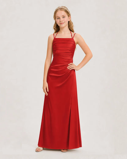 Dideyttawl Ruched Satin Halter Neck Junior Bridesmaid Dress with Side Slit