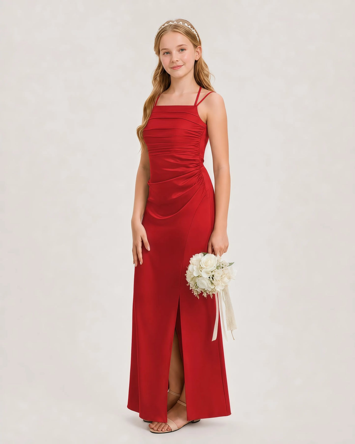 Dideyttawl Halter Neck Ruched Satin Junior Bridesmaid Dress