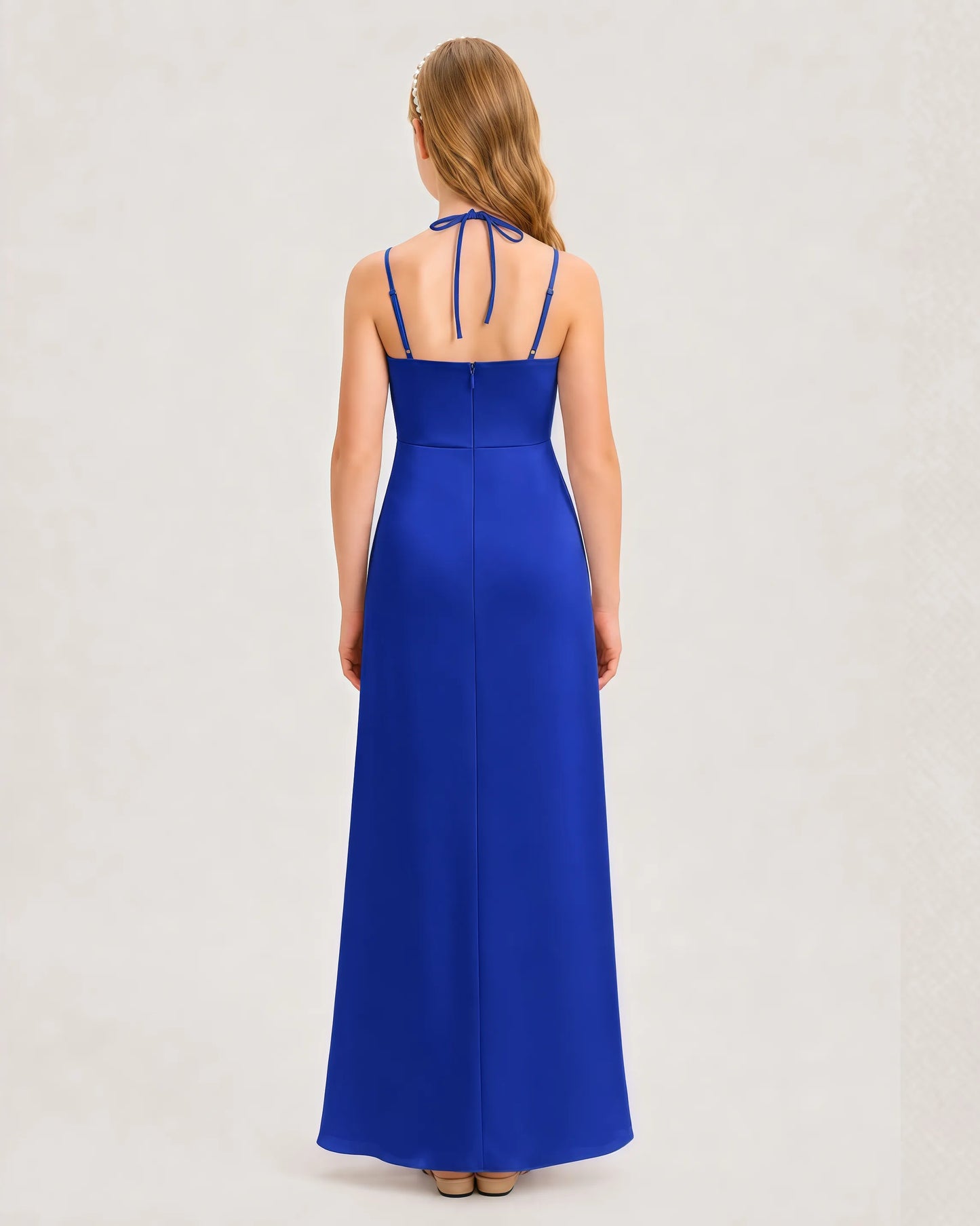 Dideyttawl Halter Neck Ruched Satin Junior Bridesmaid Dress