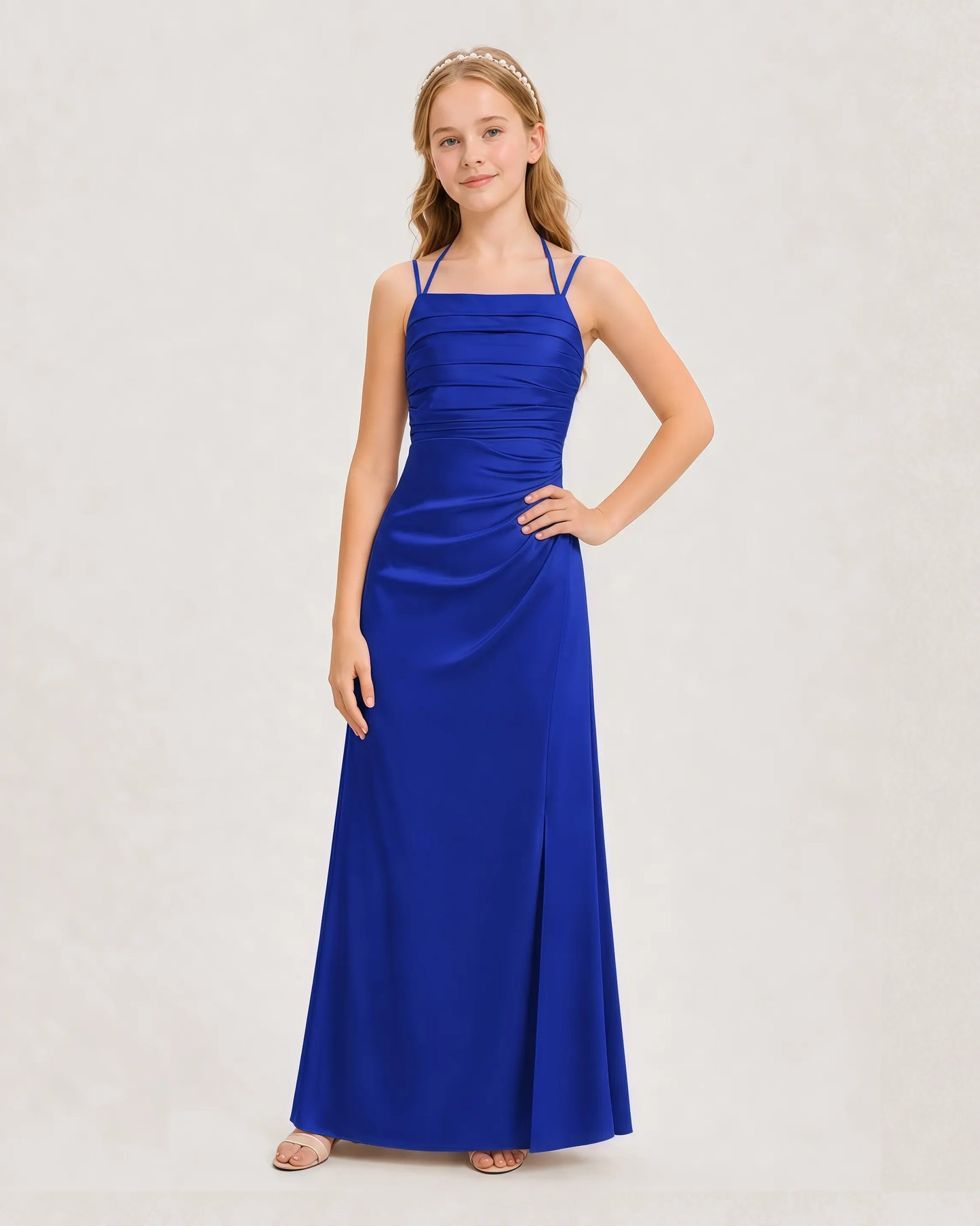Dideyttawl Ruched Satin Halter Neck Junior Bridesmaid Dress with Side Slit