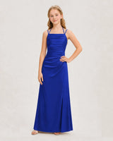 Royal Blue Satin Ruched Halter Junior Bridesmaid Dresses Front View