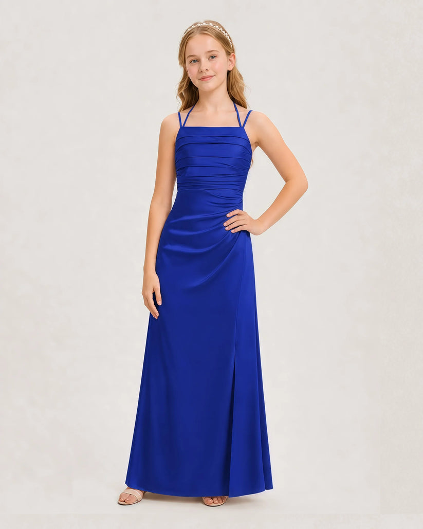 Royal Blue Satin Ruched Halter Junior Bridesmaid Dresses Front View
