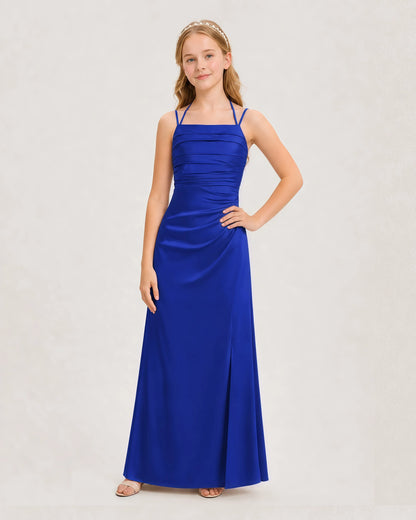 Dideyttawl Halter Neck Ruched Satin Junior Bridesmaid Dress