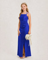 Royal blue satin ruched junior bridesmaid dress Side View