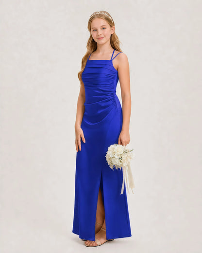 Dideyttawl Halter Neck Ruched Satin Junior Bridesmaid Dress