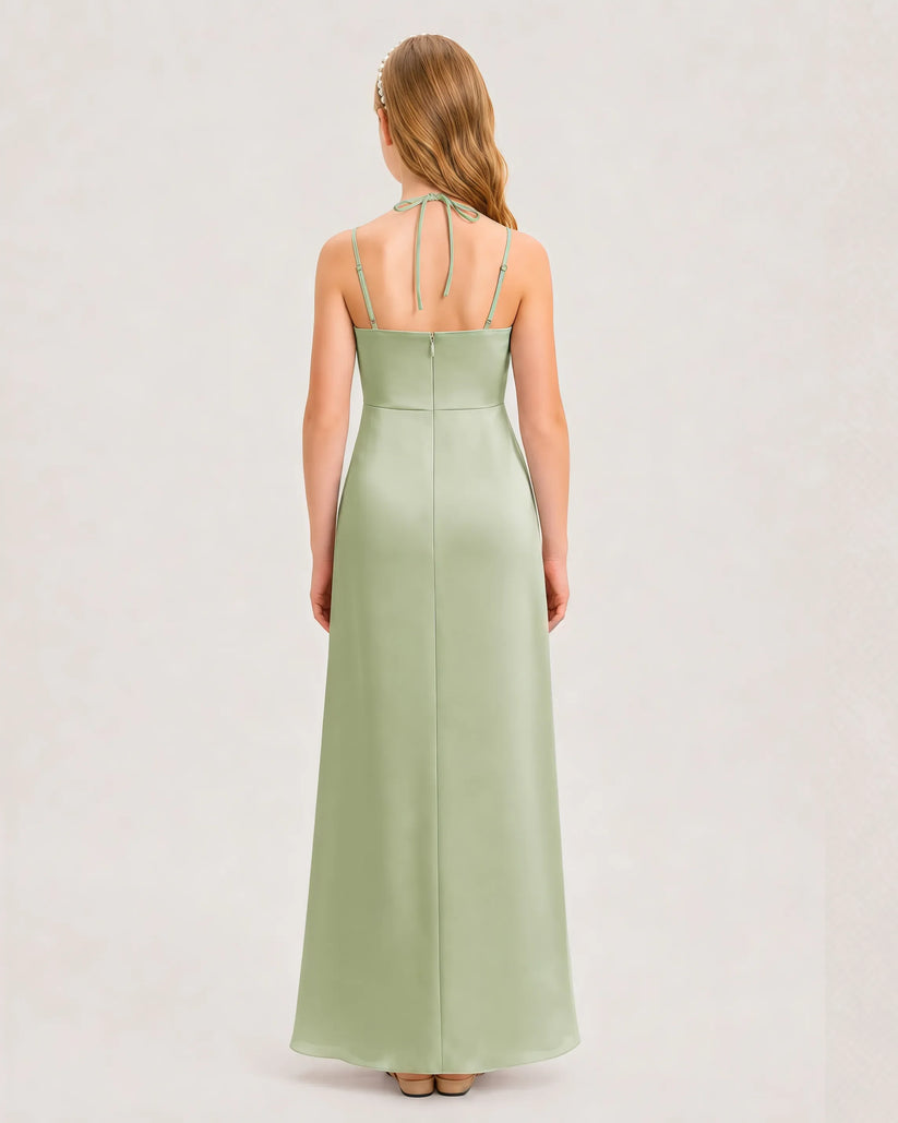 Sage Green Satin Halter Junior Bridesmaid Dresses Back View