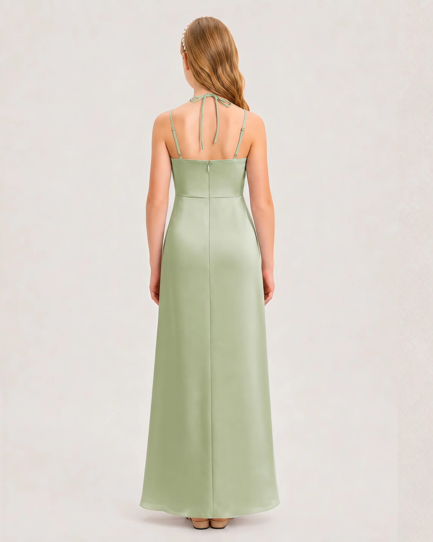 Dideyttawl Halter Neck Ruched Satin Junior Bridesmaid Dress