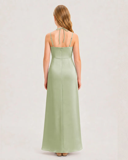 Dideyttawl Halter Neck Ruched Satin Junior Bridesmaid Dress