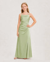 Sage Green Satin Ruched Junior Bridesmaid Dresses Front View