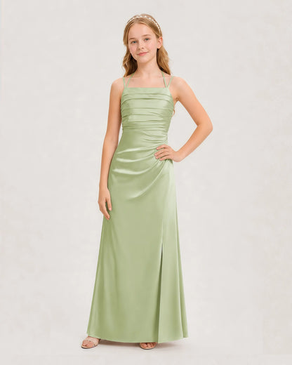 Dideyttawl Ruched Satin Halter Neck Junior Bridesmaid Dress with Side Slit
