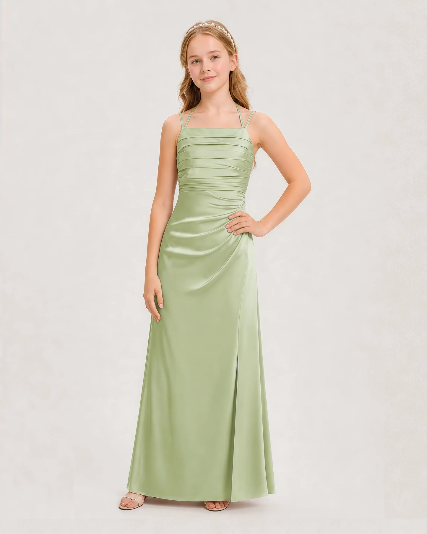 Dideyttawl Halter Neck Ruched Satin Junior Bridesmaid Dress