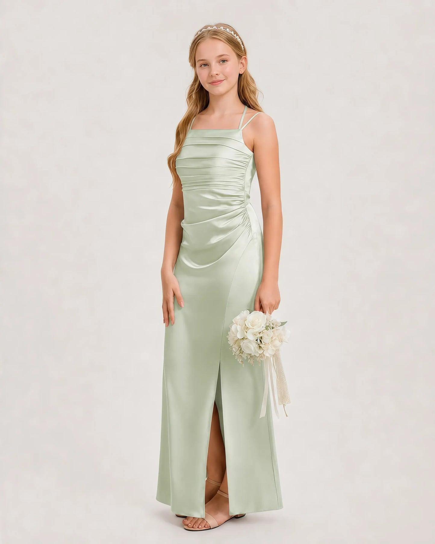 Dideyttawl Ruched Satin Halter Neck Junior Bridesmaid Dress with Side Slit