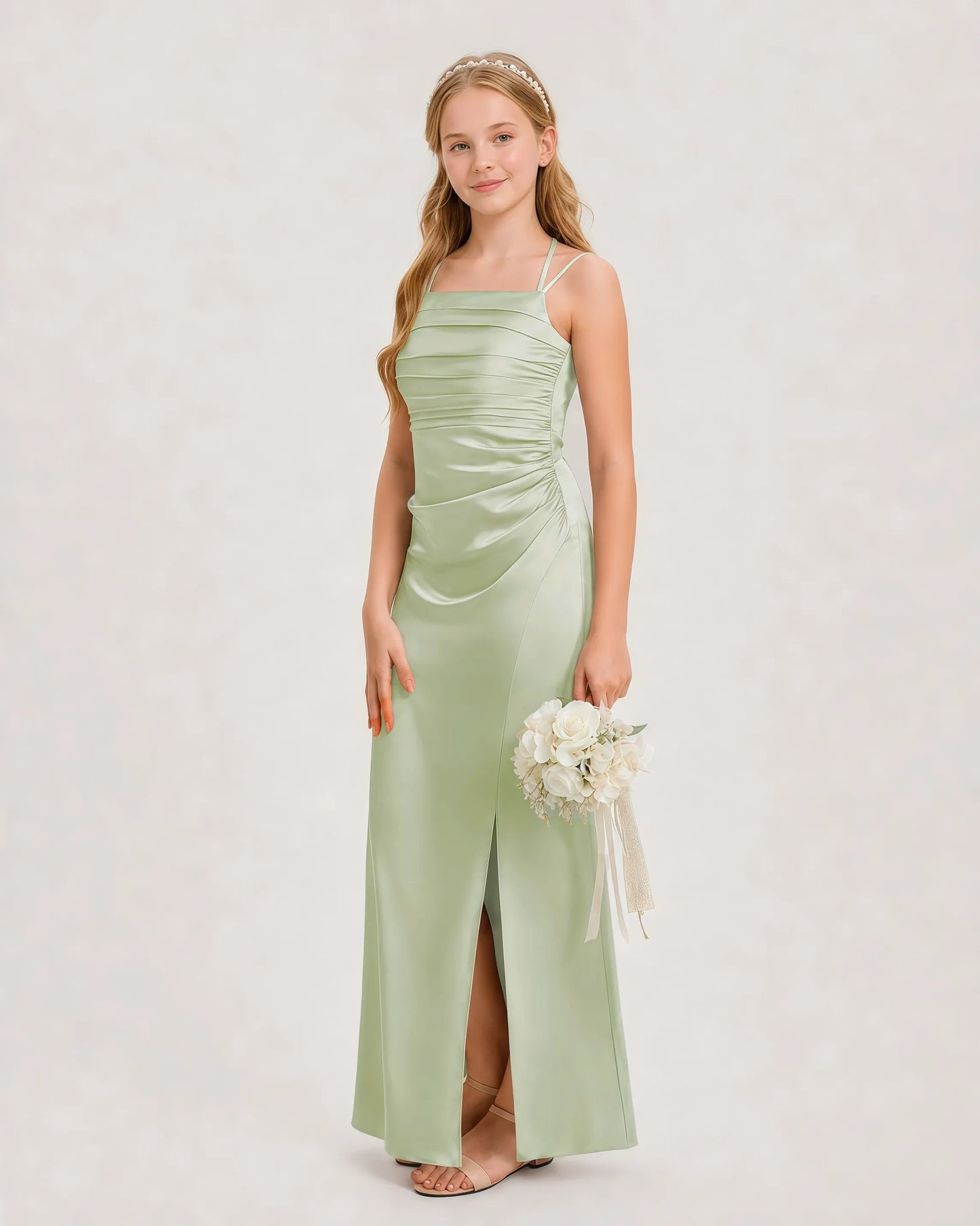 Dideyttawl Halter Neck Ruched Satin Junior Bridesmaid Dress