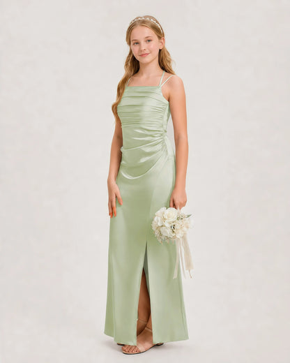 Dideyttawl Halter Neck Ruched Satin Junior Bridesmaid Dress
