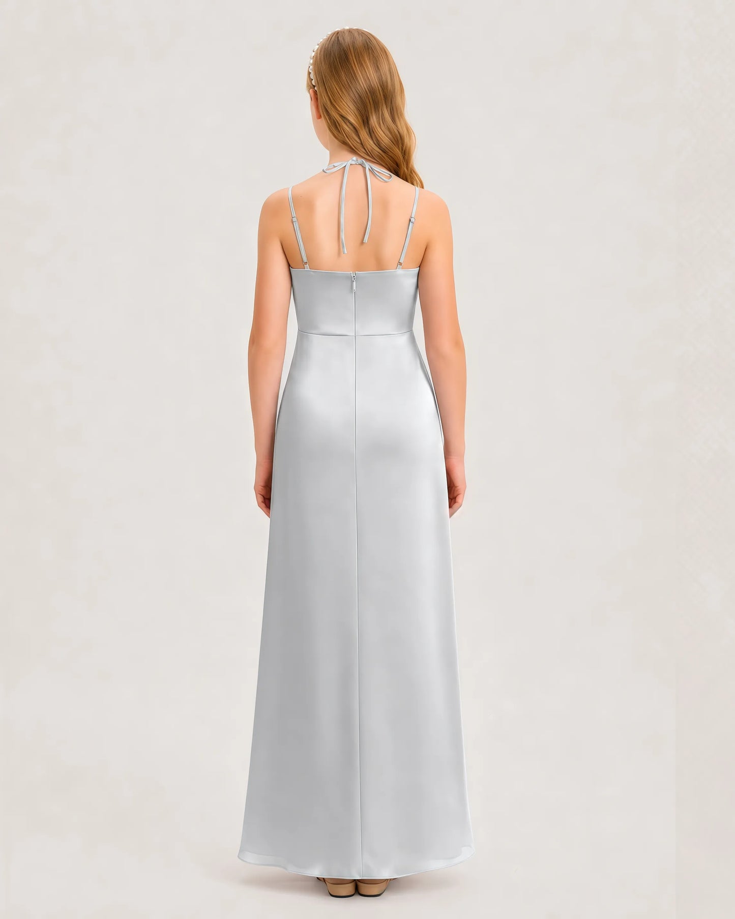 Dideyttawl Halter Neck Ruched Satin Junior Bridesmaid Dress