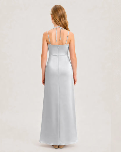 Dideyttawl Halter Neck Ruched Satin Junior Bridesmaid Dress