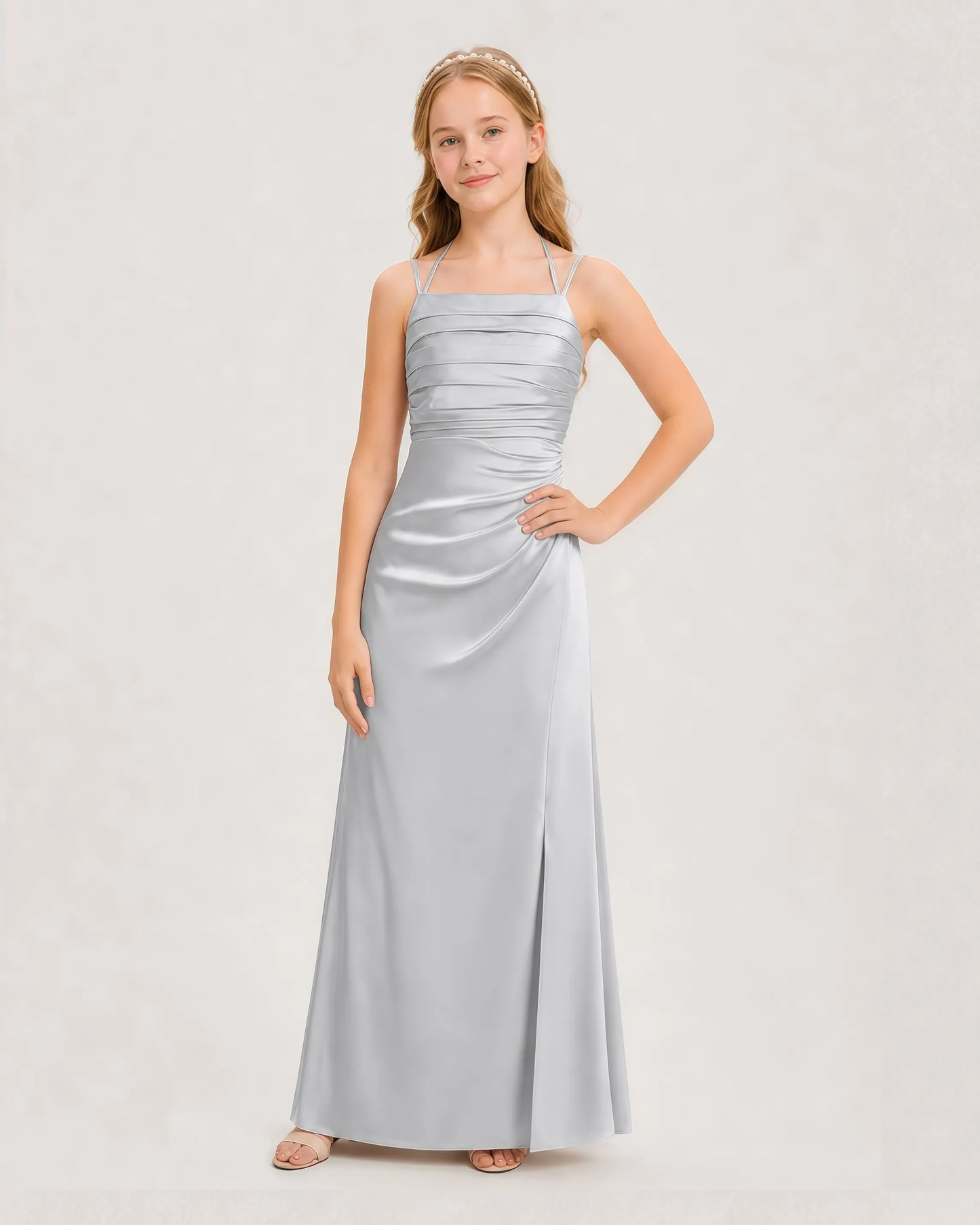 Dideyttawl Ruched Satin Halter Neck Junior Bridesmaid Dress with Side Slit