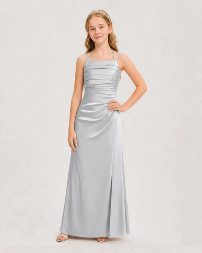 Dideyttawl Halter Neck Ruched Satin Junior Bridesmaid Dress