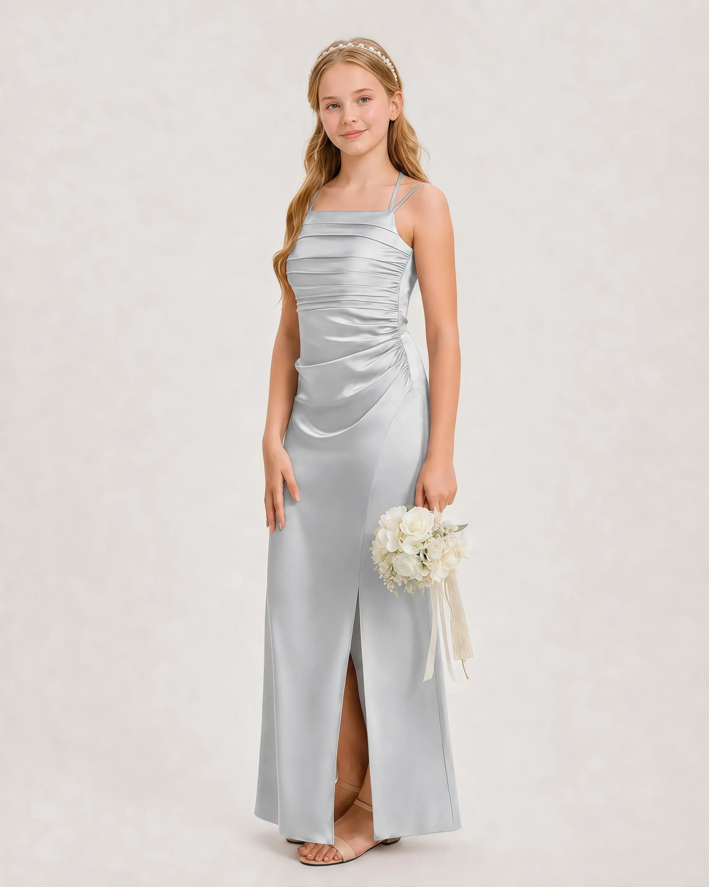Dideyttawl Ruched Satin Halter Neck Junior Bridesmaid Dress with Side Slit