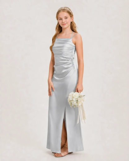Dideyttawl Ruched Satin Halter Neck Junior Bridesmaid Dress with Side Slit