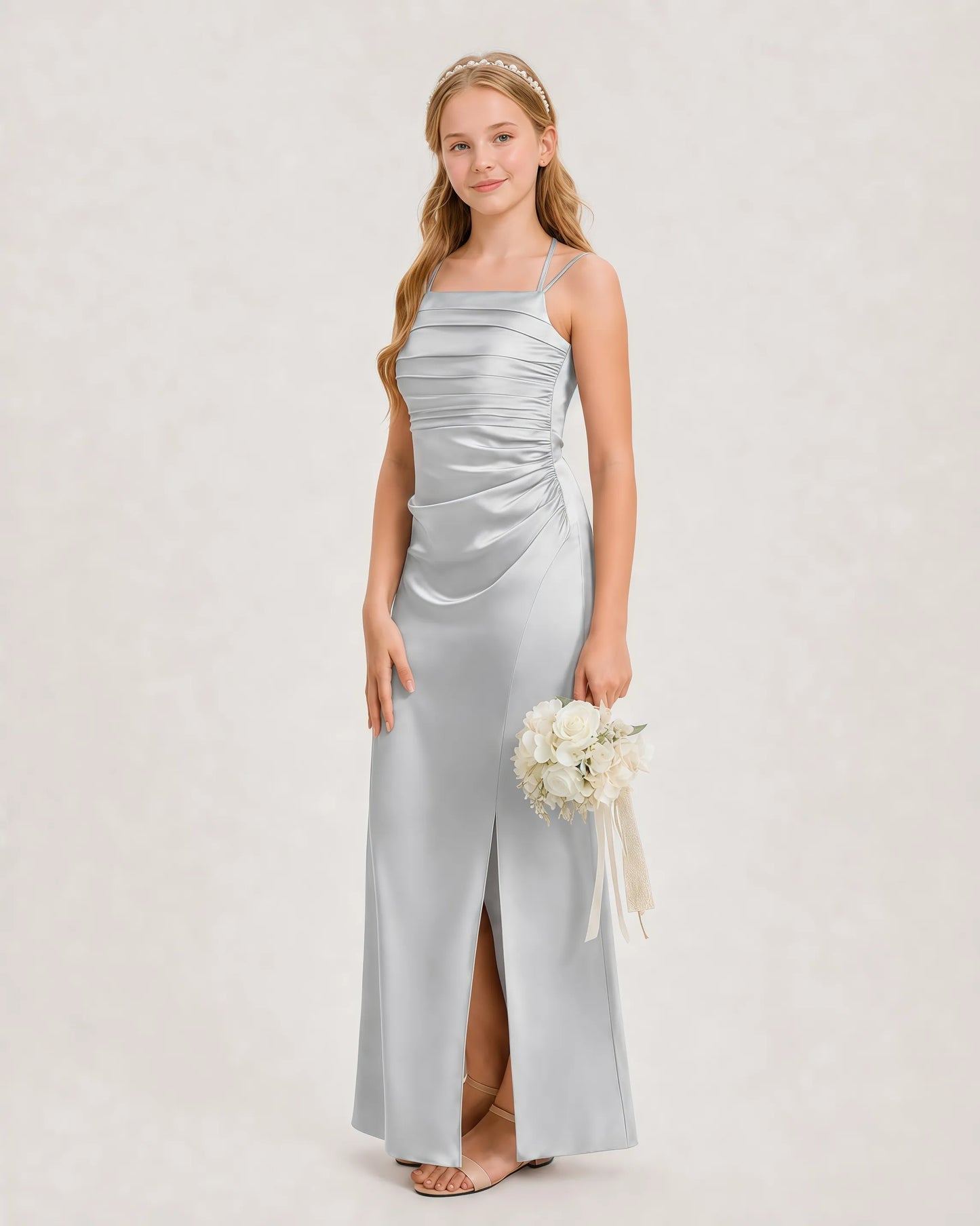 Dideyttawl Halter Neck Ruched Satin Junior Bridesmaid Dress