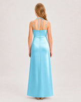 Sky Blue Satin Halter Junior Bridesmaid Dresses Back View
