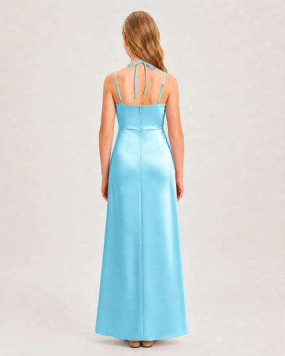 Dideyttawl Halter Neck Ruched Satin Junior Bridesmaid Dress