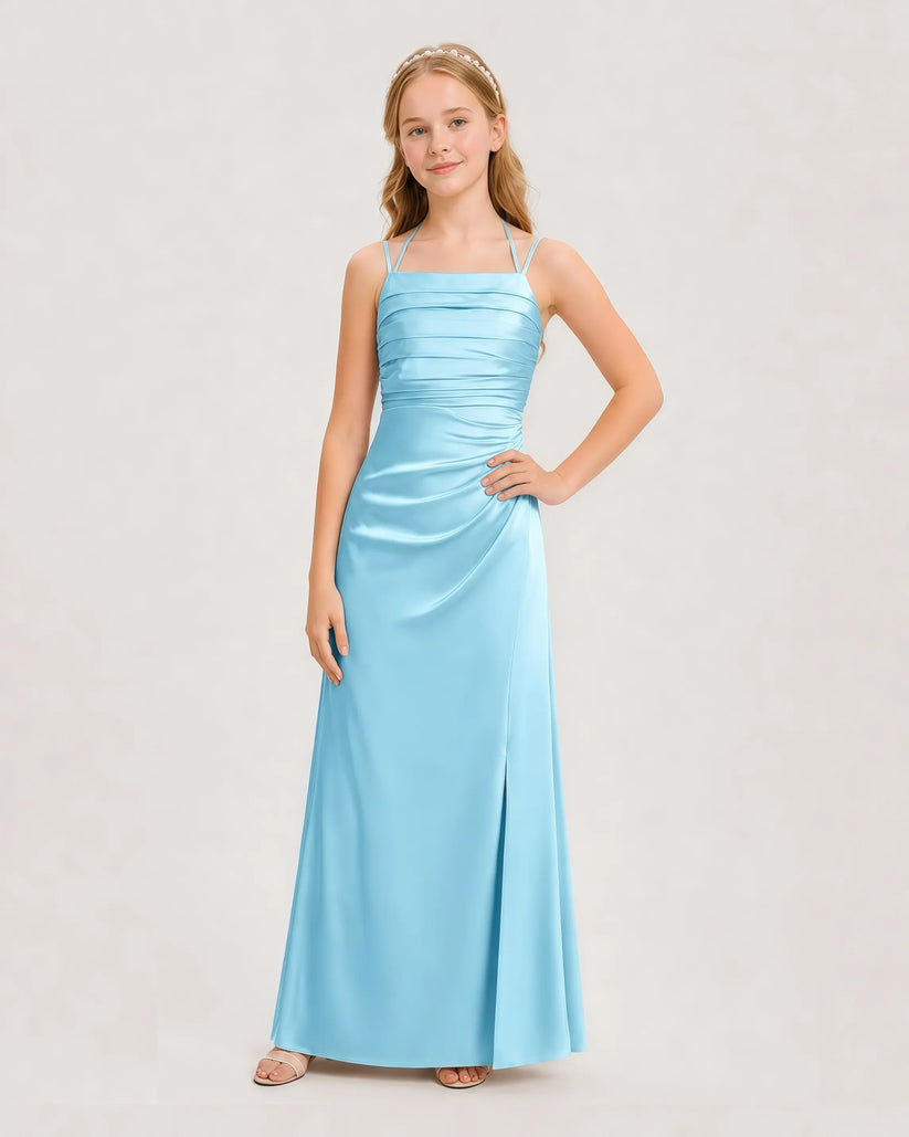 Sky Blue Satin Ruched Halter Junior Bridesmaid Dresses Front View