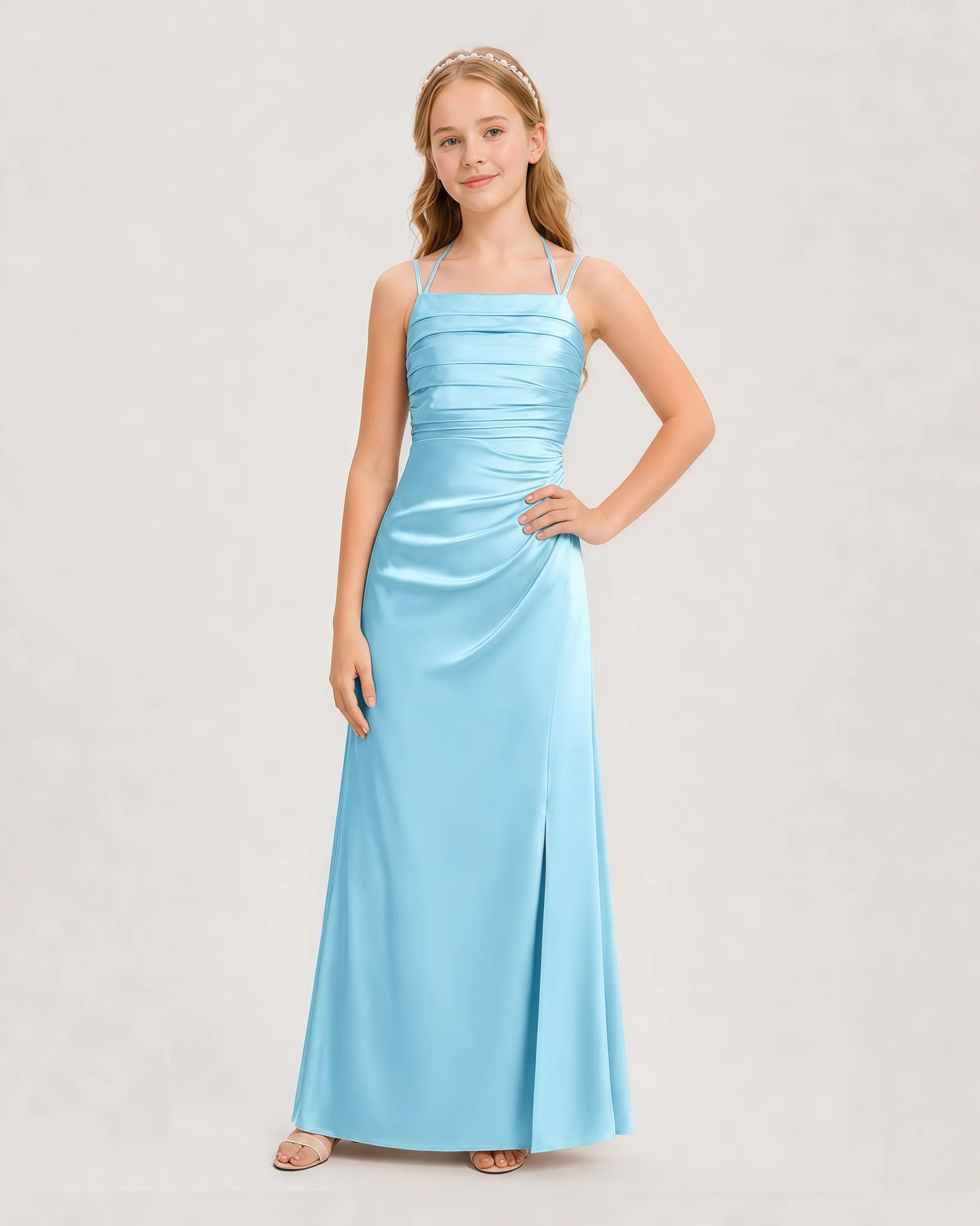 Dideyttawl Halter Neck Ruched Satin Junior Bridesmaid Dress