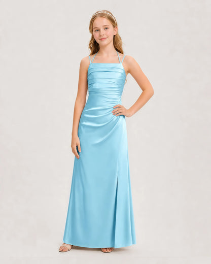 Dideyttawl Halter Neck Ruched Satin Junior Bridesmaid Dress