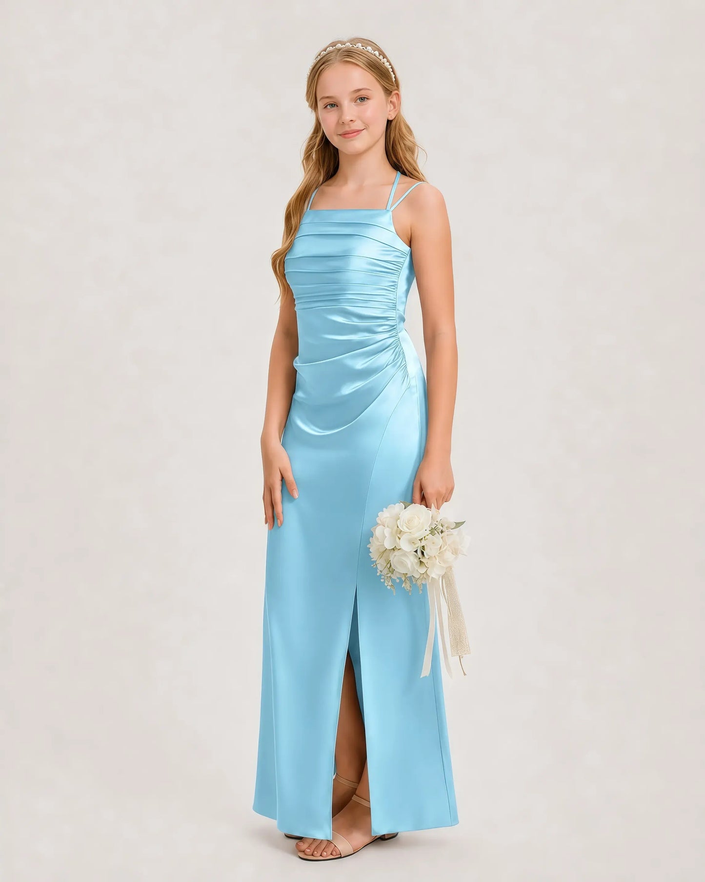 Dideyttawl Ruched Satin Halter Neck Junior Bridesmaid Dress with Side Slit