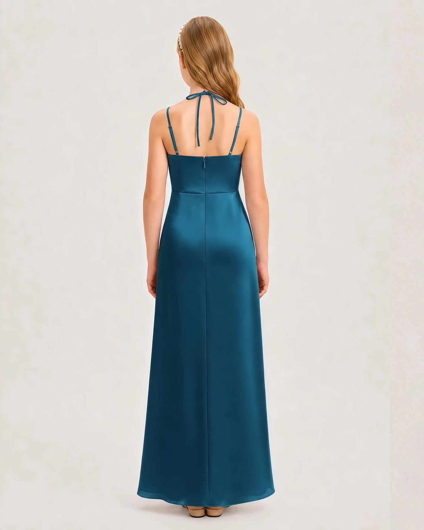 Dideyttawl Ruched Satin Halter Neck Junior Bridesmaid Dress with Side Slit