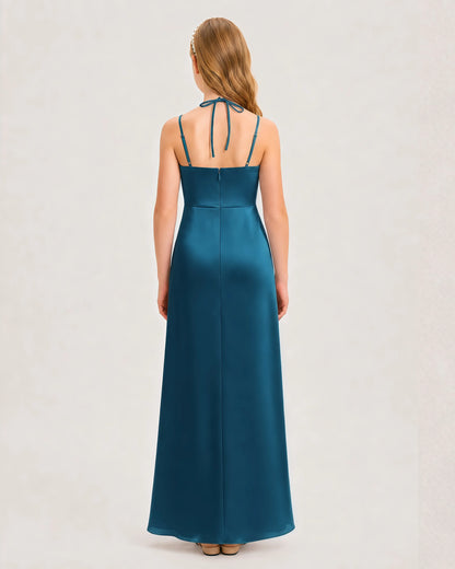 Dideyttawl Halter Neck Ruched Satin Junior Bridesmaid Dress