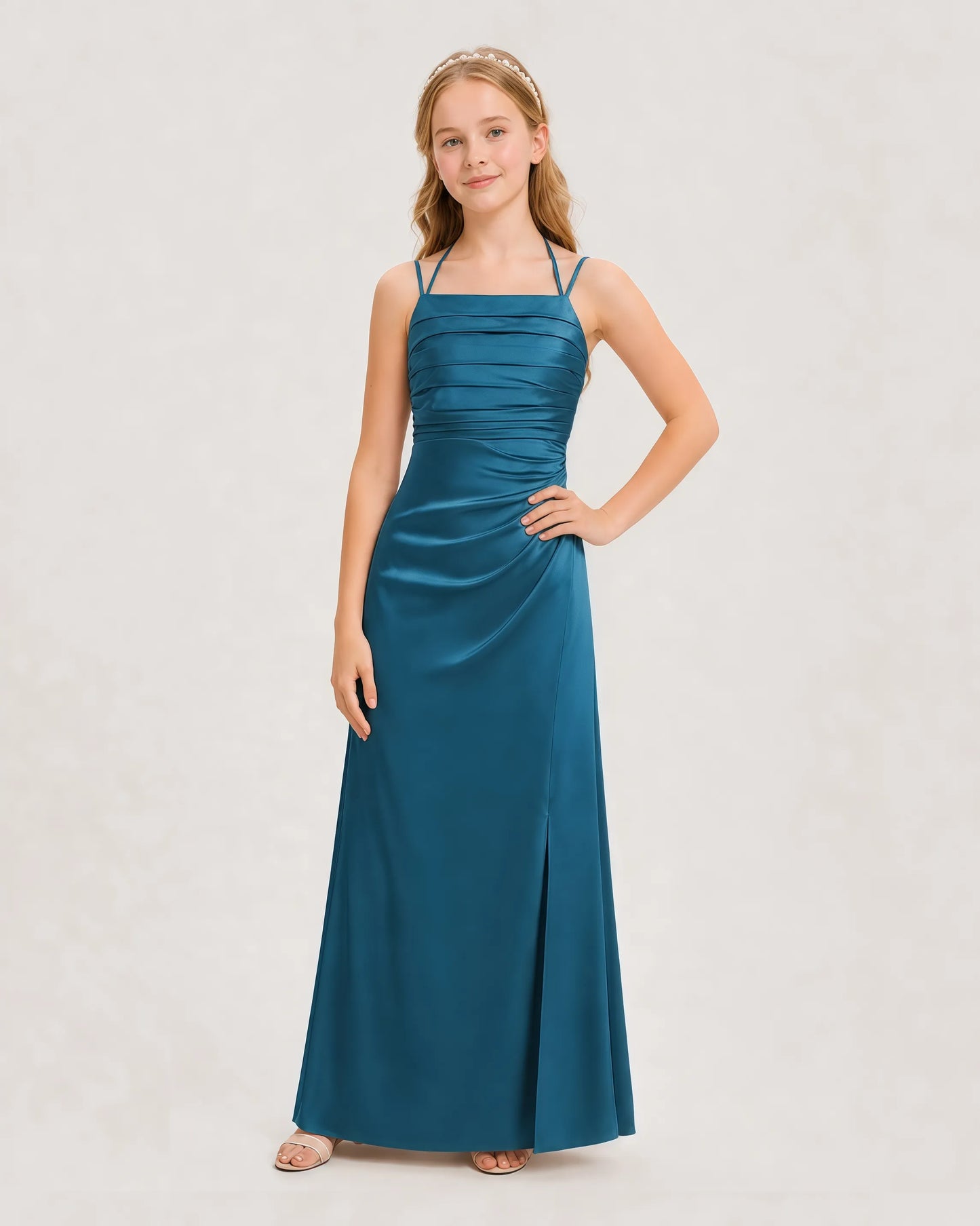 Dideyttawl Halter Neck Ruched Satin Junior Bridesmaid Dress