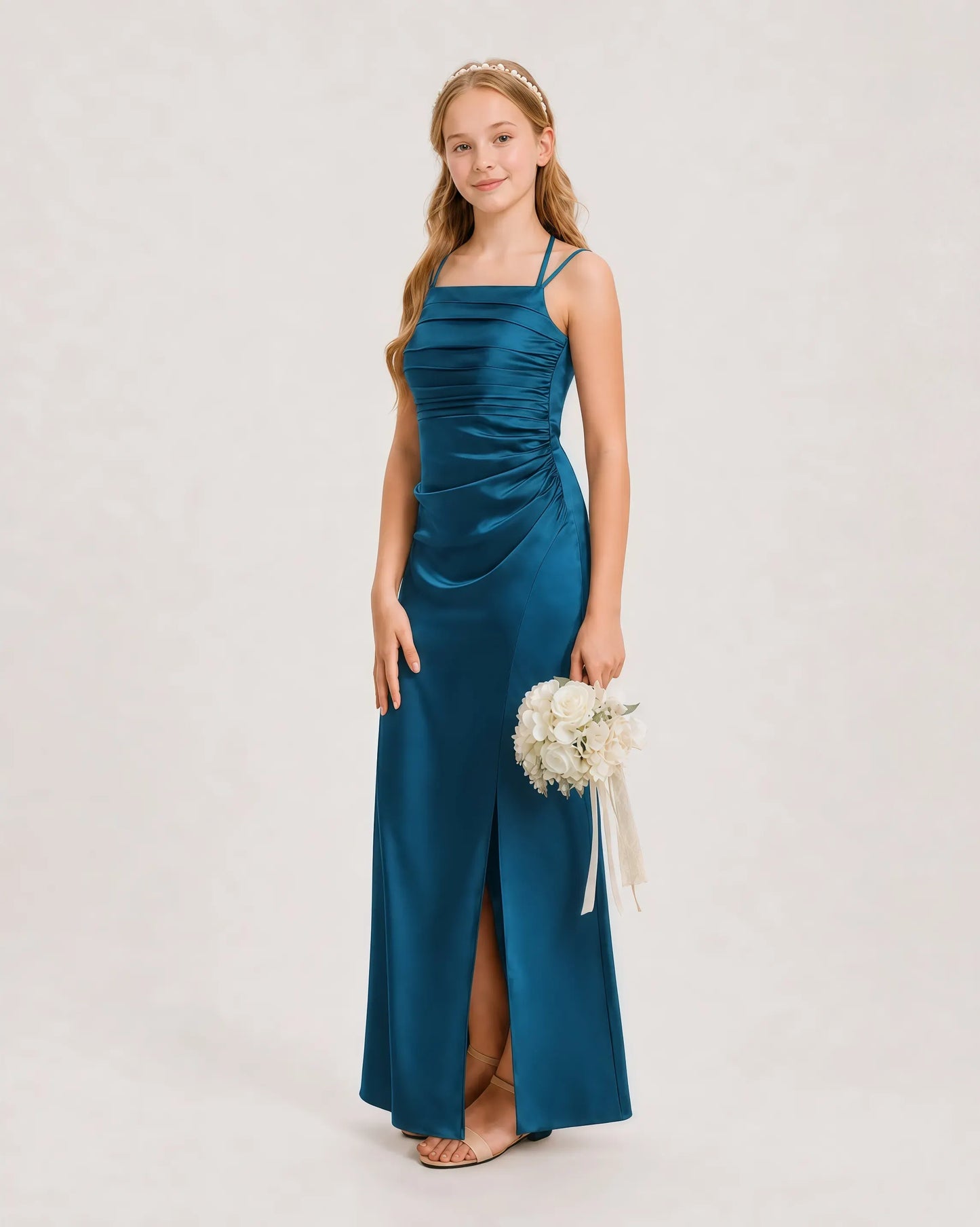 Dideyttawl Ruched Satin Halter Neck Junior Bridesmaid Dress with Side Slit