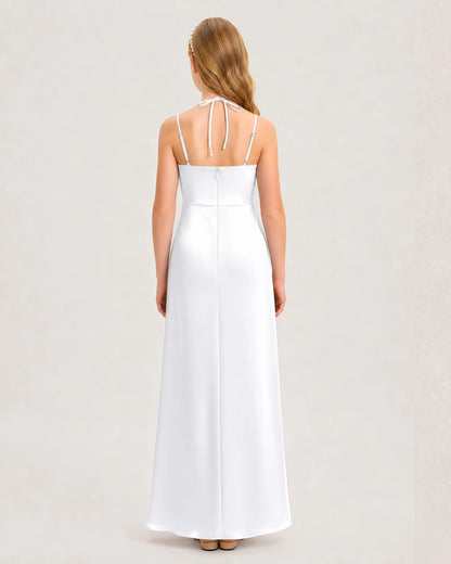Dideyttawl Ruched Satin Halter Neck Junior Bridesmaid Dress with Side Slit