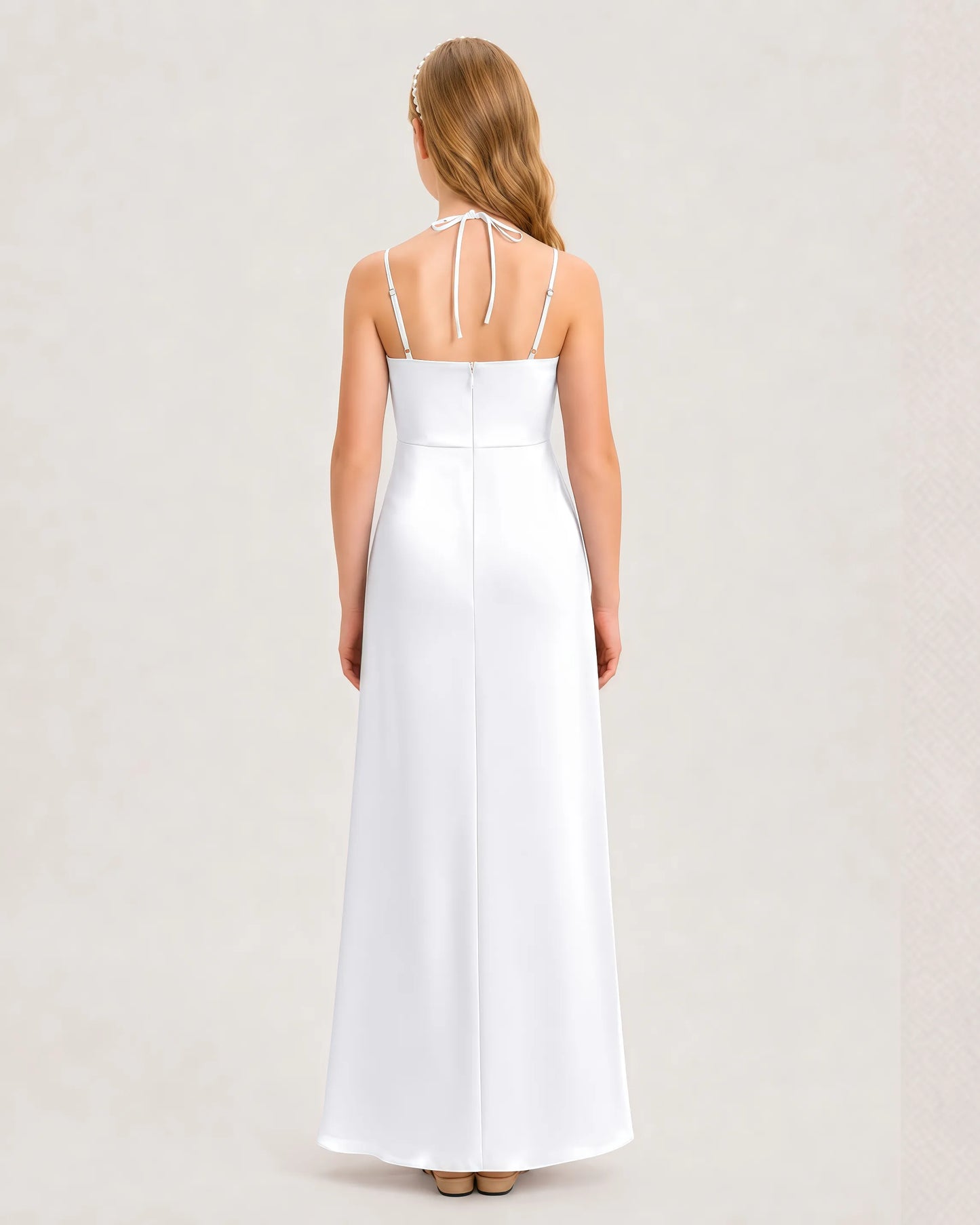 Dideyttawl Halter Neck Ruched Satin Junior Bridesmaid Dress