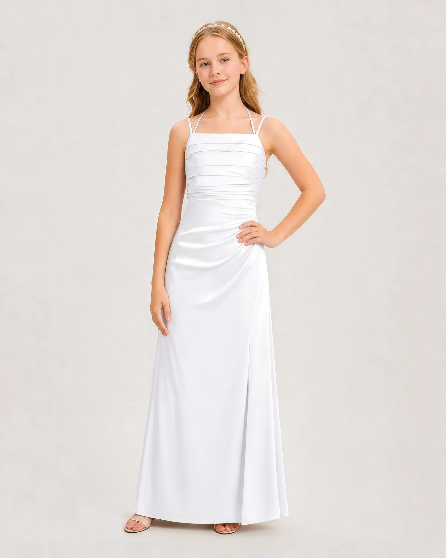 Dideyttawl Ruched Satin Halter Neck Junior Bridesmaid Dress with Side Slit