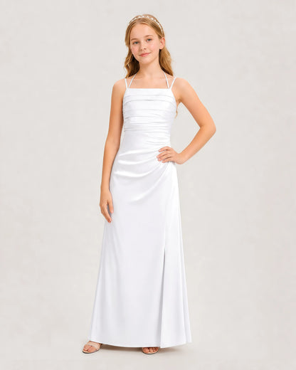 Dideyttawl Halter Neck Ruched Satin Junior Bridesmaid Dress