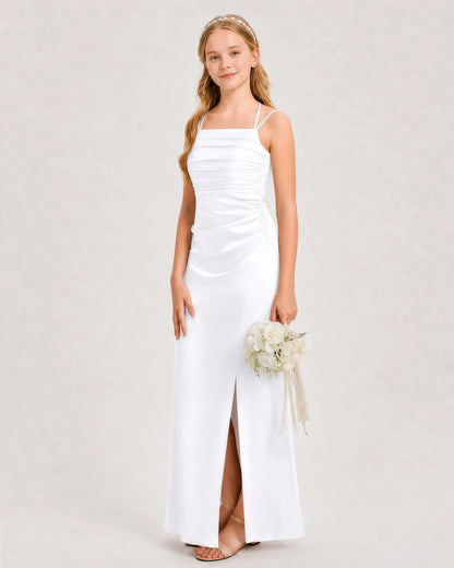 Dideyttawl Halter Neck Ruched Satin Junior Bridesmaid Dress