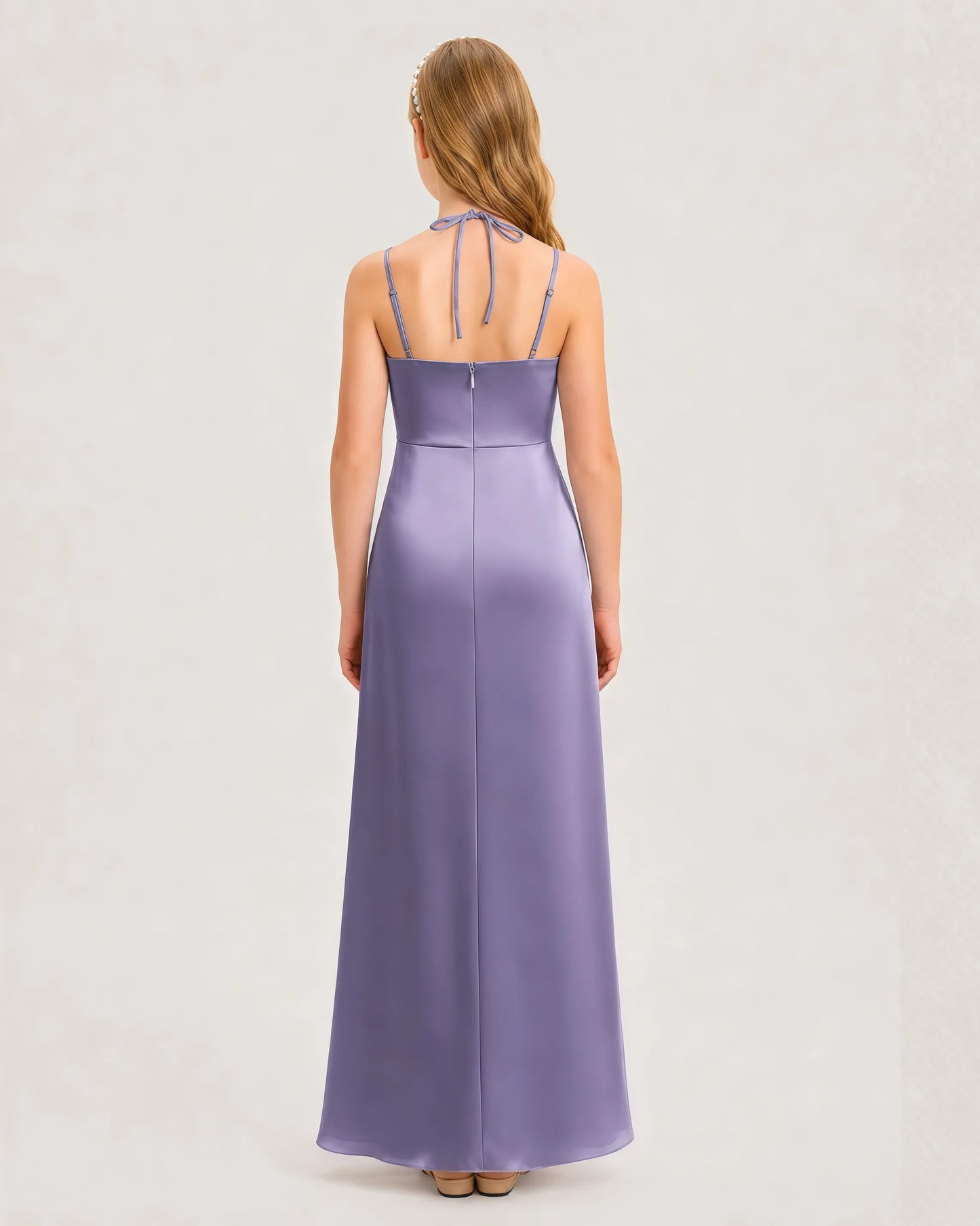 Dideyttawl Ruched Satin Halter Neck Junior Bridesmaid Dress with Side Slit