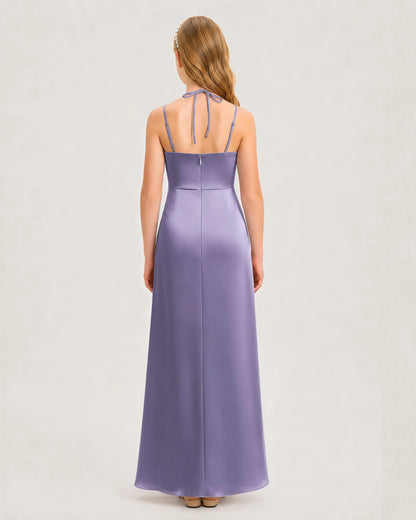 Dideyttawl Ruched Satin Halter Neck Junior Bridesmaid Dress with Side Slit